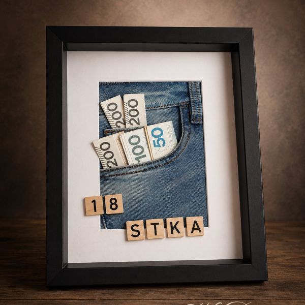 Upominek na osiemnastkę — banknoty w jeansowej kieszeni i literki scrabble w czarnej ramce — rękodzieło pracowni W Deseń